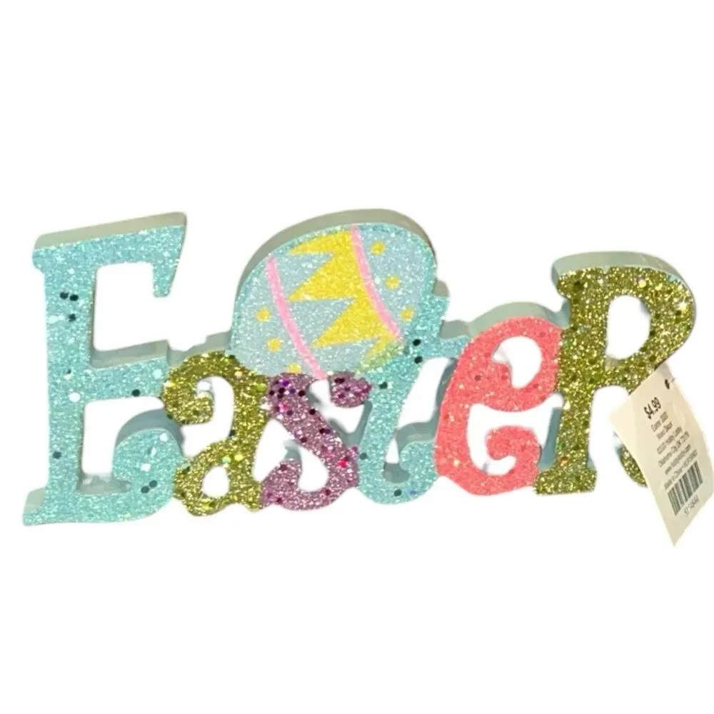 2x Easter Glittered Wood Block Decor Sign 9
